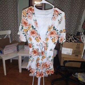 Love Riche White Floral Tie-Front Romper with Rust & Green Print